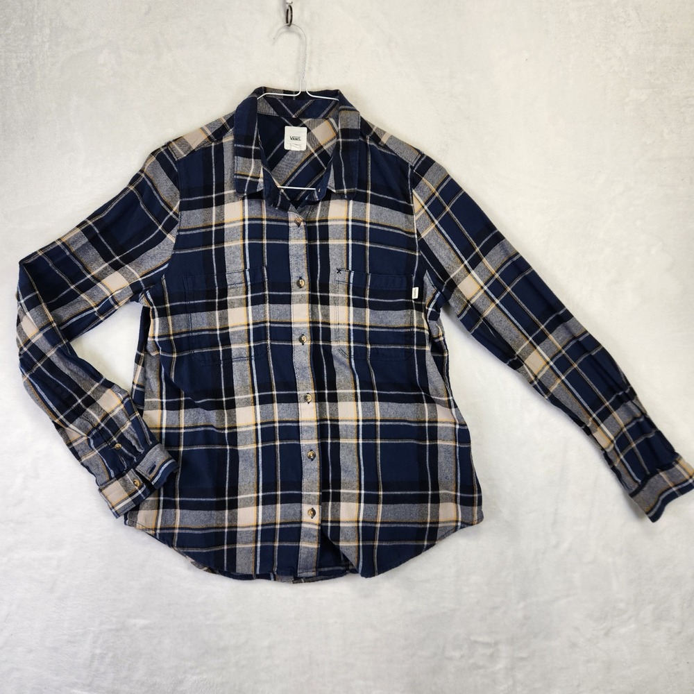 Vans Men's‎ Long Sleeve Plaid Flannel Shirt Size Large Navy Tan Yellow